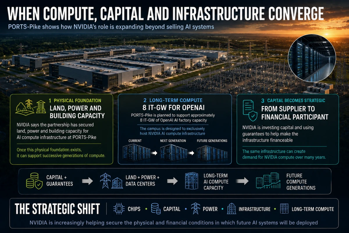 Editorial illustration showing how capital, power, data centers and long-term AI compute infrastructure converge at PORTS-Pike.