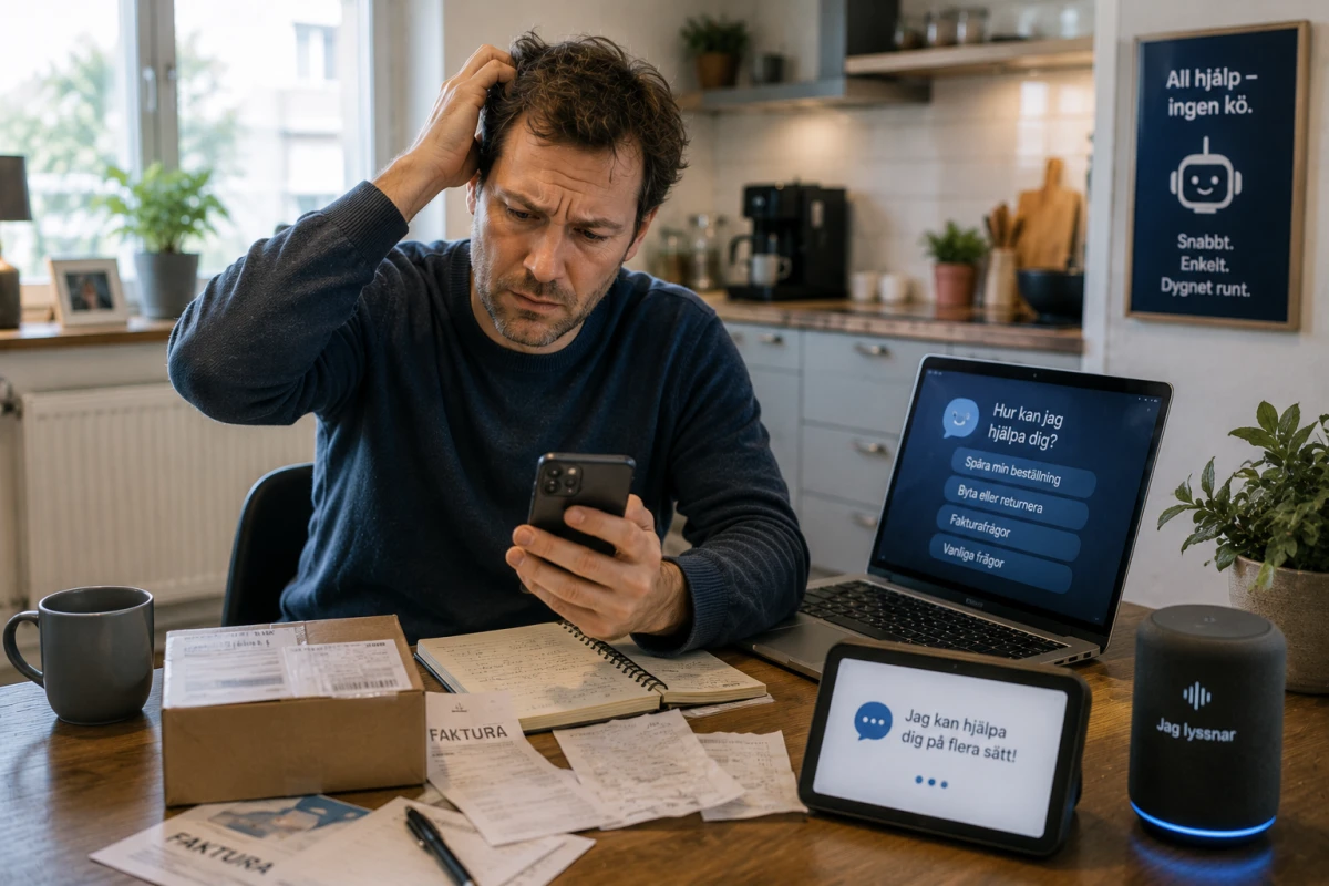 Man vid ett köksbord försöker reda ut ett ovanligt digitalt serviceärende med paket, kvitton och telefon.