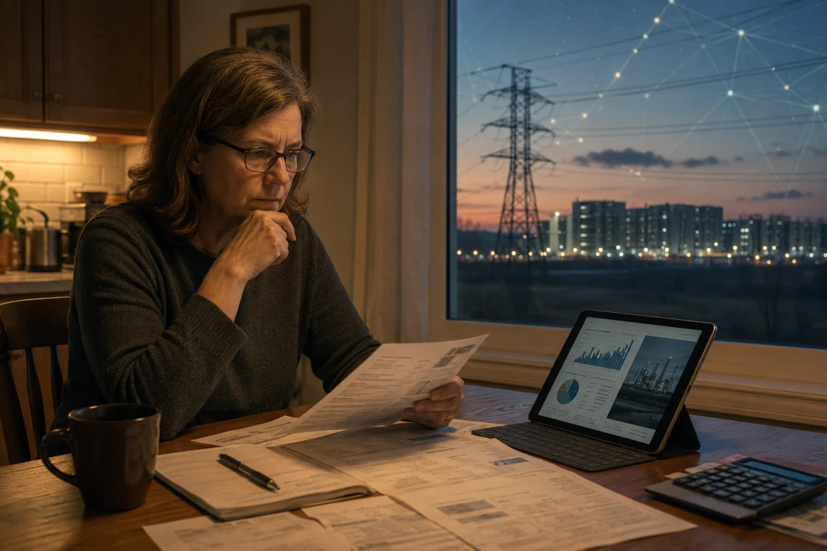 Kvinna vid ett köksbord granskar räkningar och ekonomiska papper medan energiinfrastruktur och datacenter syns utanför.