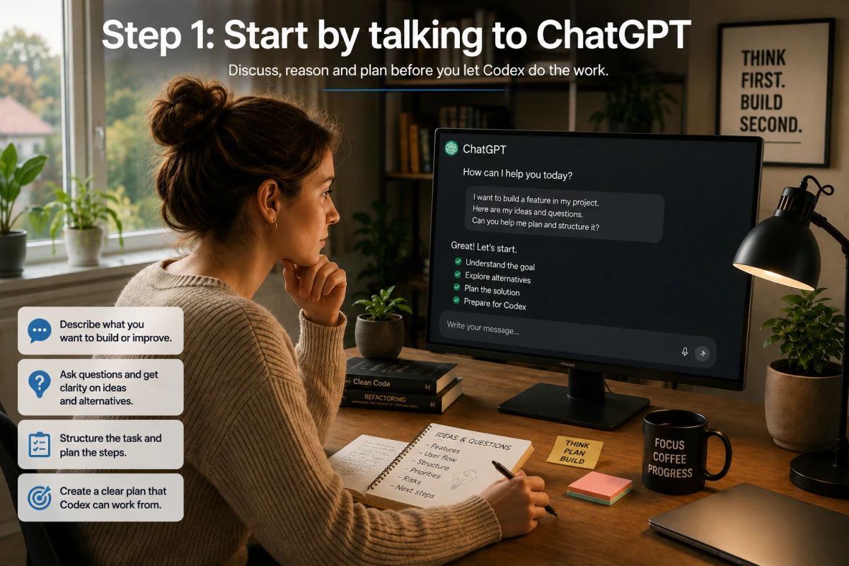 Woman planning a development task with ChatGPT before sending a clear instruction to Codex.