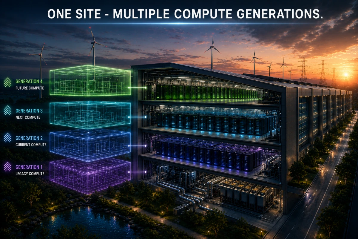 Futuristic editorial cutaway of one data-center site supporting multiple generations of compute within the same long-lived physical infrastructure.
