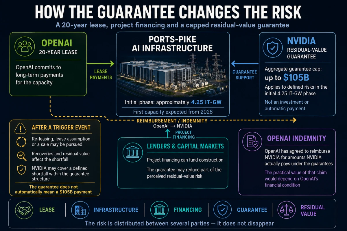 Financial infographic explaining the 20-year OpenAI lease, project financing, NVIDIA’s residual-value guarantees and how risk is distributed around PORTS-Pike.