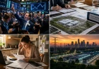Four-panel illustration showing financial markets, AI infrastructure financing, household finances and data center infrastructure.