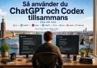Person vid dator i en ljus arbetsmiljö med en överblick av ett arbetsflöde mellan ChatGPT och Codex.