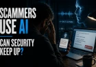 A man receives an urgent payment request while an AI-generated face and voice-cloning graphic illustrate an AI-powered impersonation scam.