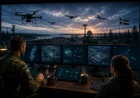 Två operatörer övervakar drönare, flyg och taktisk information i ett svenskt militärt ledningsrum.