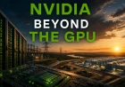 Editorial illustration of NVIDIA's expansion beyond GPUs into AI infrastructure, showing server hardware, power transmission, construction and a large data center campus.