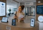 Kvinna vid en obemannad servicedisk omgiven av AI-baserade hjälpsystem och digitala assistenter.