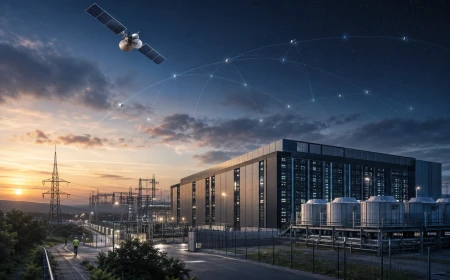 Large data center and power infrastructure at dusk with communication satellites illustrated overhead.