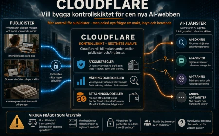 Illustration av Cloudflare som ett möjligt kontrollskikt mellan publicister och AI-tjänster, med frågor om makt, insyn och beroende.