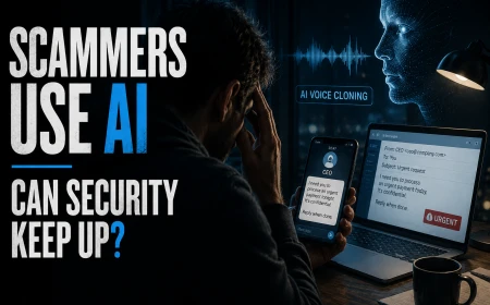 A man receives an urgent payment request while an AI-generated face and voice-cloning graphic illustrate an AI-powered impersonation scam.