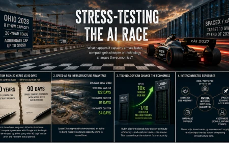 Editorial infographic illustrating the AI infrastructure race between Ohio’s long-term PORTS-Pike buildout and SpaceX/xAI’s faster compute expansion.