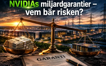 Balansvåg med kapital och AI-infrastruktur bredvid ett garantidokument.