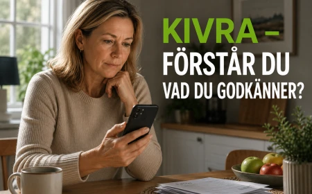 Kvinna sitter vid köksbordet med mobilen och funderar över Kivras villkor och vad användaren godkänner.