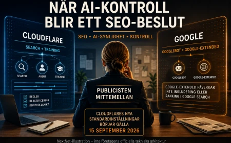 Publicist mellan två digitala regelsystem för Cloudflare och Google, med fokus på AI-kontroll, SEO och webbsynlighet.