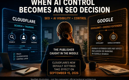 Publisher positioned between two digital rule systems for Cloudflare and Google, focused on AI control, SEO and web visibility.