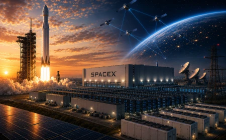 Kvällsvy av ett datacenter på marken med satelliter på himlen som symboliserar kopplingen mellan AI-compute, kommunikation och rymdinfrastruktur.