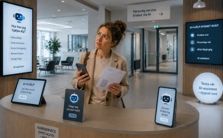 Kvinna vid en obemannad servicedisk omgiven av AI-baserade hjälpsystem och digitala assistenter.