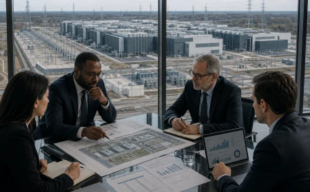 Finansanalytiker diskuterar investeringar med ett stort datacenter och elinfrastruktur synligt utanför fönstret.