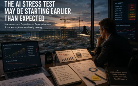 Editorial illustration of an analyst reviewing changing AI infrastructure costs and financing assumptions while a large data-center project remains under construction.