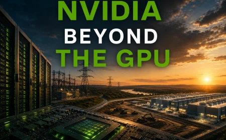 Editorial illustration of NVIDIA's expansion beyond GPUs into AI infrastructure, showing server hardware, power transmission, construction and a large data center campus.