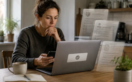 Person vid ett köksbord tittar eftertänksamt på en laptop med flera informationslager bakom en enkel knapp.