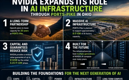 Editorial infographic about NVIDIA’s $105 billion guarantee structure for the PORTS-Pike AI project, showing OpenAI’s 20-year lease, 8 IT-GW capacity, financing risk and future AI infrastructure.