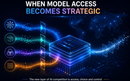 Abstract digital illustration of several model pathways connecting to a shared AI application platform.