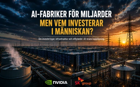 AI-fabrik med datacenter, kraftledningar och energiinfrastruktur, med NVIDIA- och SK Group-loggor samt rubriken om investeringar i teknik och människor.