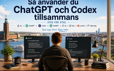 Person vid dator i en ljus arbetsmiljö med en överblick av ett arbetsflöde mellan ChatGPT och Codex.