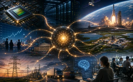 AI infrastructure shown as an interconnected system of chips, data centers, energy, finance, transport, orbital technology and people.
