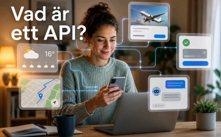 Kvinna hemma med mobil och laptop omgiven av vardagliga digitala tjänster som väder, karta, betalning och AI