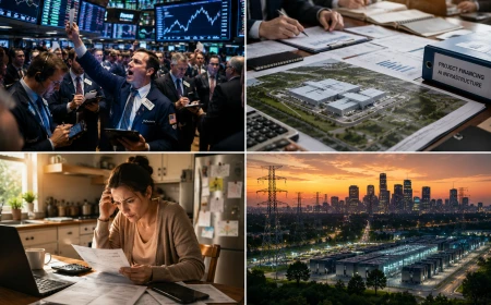 Four-panel illustration showing financial markets, AI infrastructure financing, household finances and data center infrastructure.