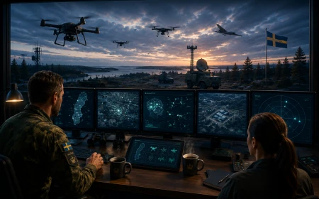 Två operatörer övervakar drönare, flyg och taktisk information i ett svenskt militärt ledningsrum.