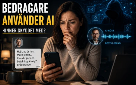 Kvinna granskar ett brådskande betalningsmeddelande medan en AI-klonad chefsröst och en digital bedragare illustreras i bakgrunden.