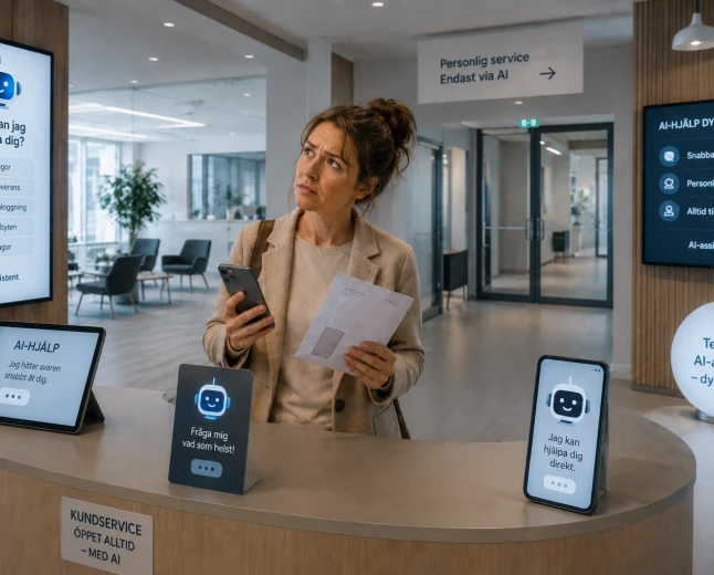 Kvinna vid en obemannad servicedisk omgiven av AI-baserade hjälpsystem och digitala assistenter.