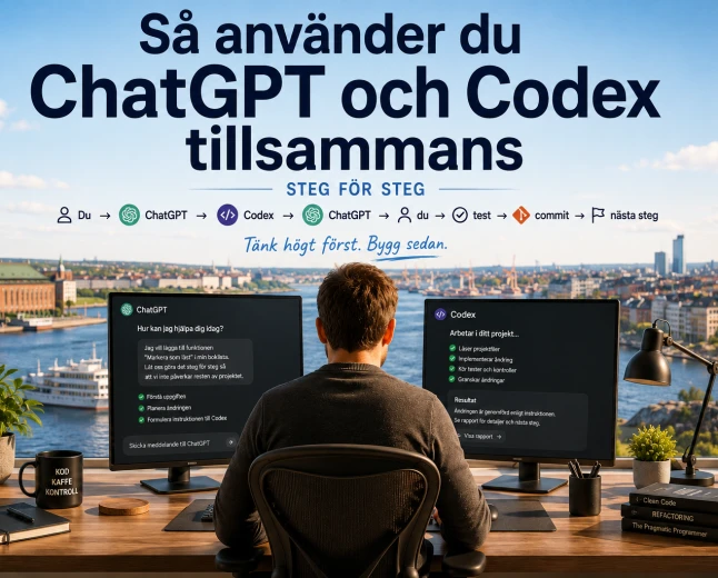 Person vid dator i en ljus arbetsmiljö med en överblick av ett arbetsflöde mellan ChatGPT och Codex.