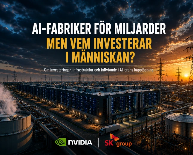 AI-fabrik med datacenter, kraftledningar och energiinfrastruktur, med NVIDIA- och SK Group-loggor samt rubriken om investeringar i teknik och människor.