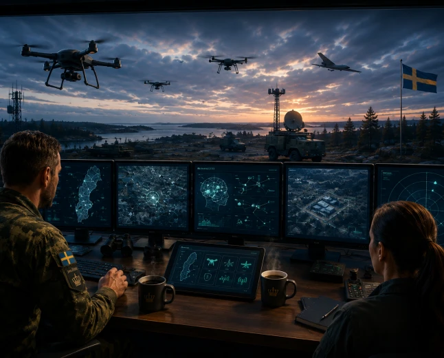 Två operatörer övervakar drönare, flyg och taktisk information i ett svenskt militärt ledningsrum.