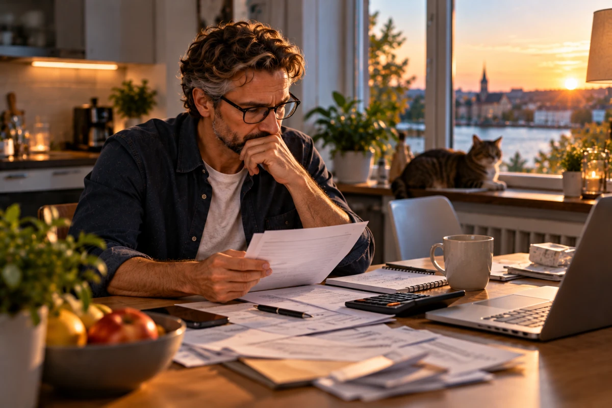 A household budget and bills on a kitchen table, with everyday city life outside the window.