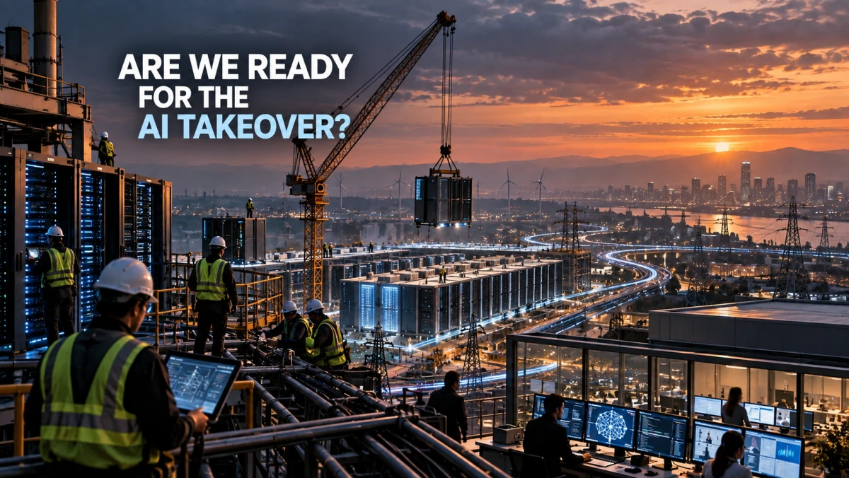 Workers build a vast AI infrastructure complex with data centres, power systems and server equipment as a crane lifts a server rack into place.