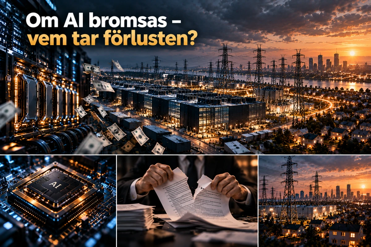 AI-infrastruktur, ett AI-chip, ett rivet avtal och elnät illustrerar hur ekonomisk risk kan fördelas om AI-utbyggnaden bromsar.