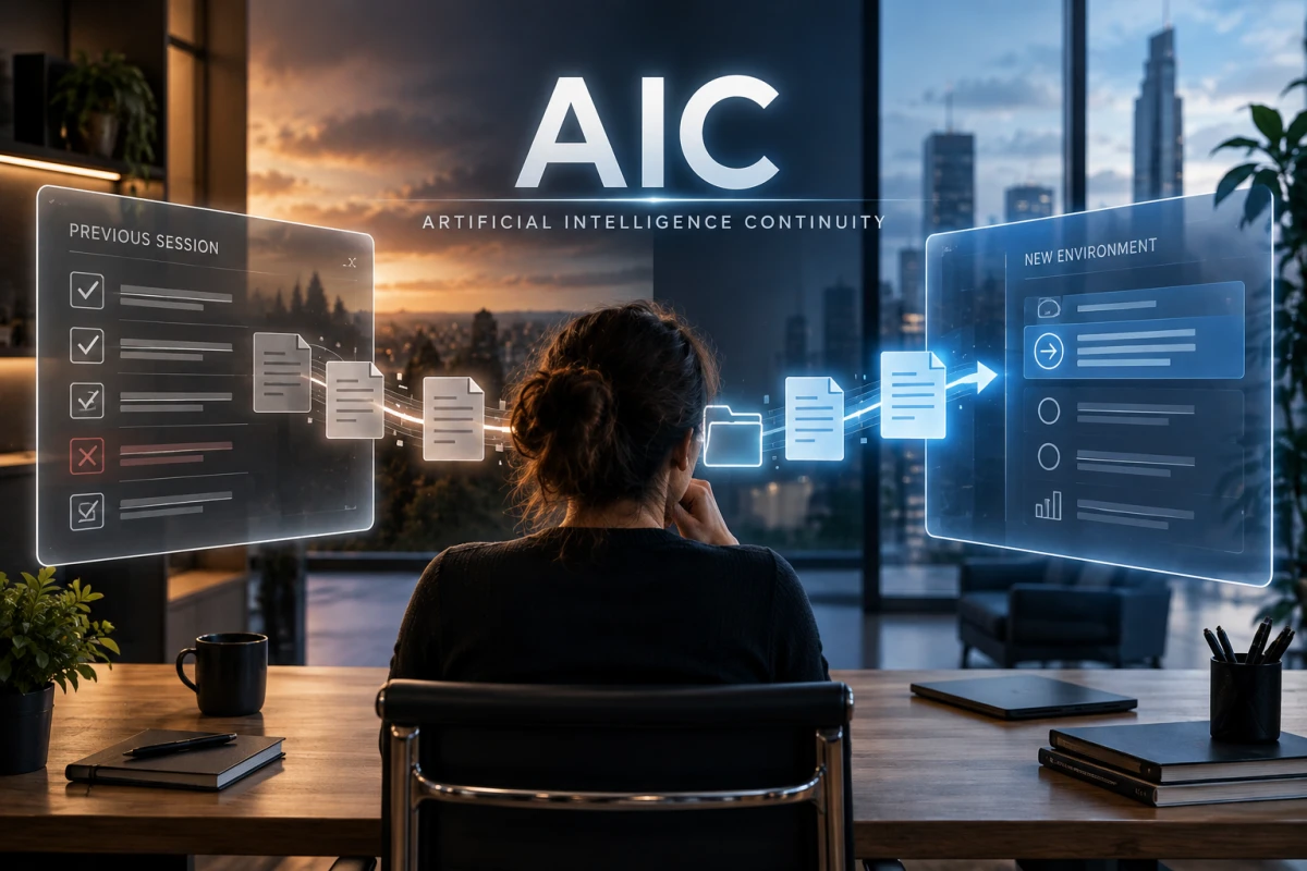 AI continuity illustrated as a controlled handover between a previous session and a new environment.