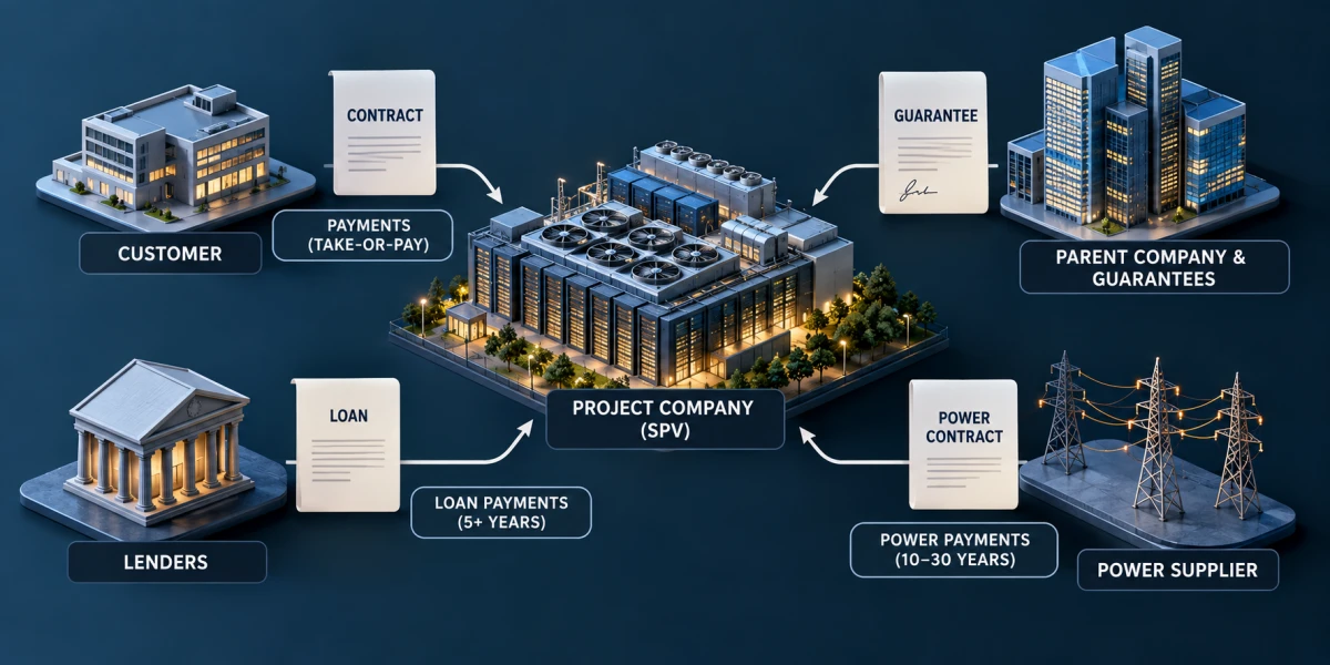 A data center surrounded by a customer, project company, lenders, parent-company guarantees and a power supplier, illustrating how economic risk can be distributed.