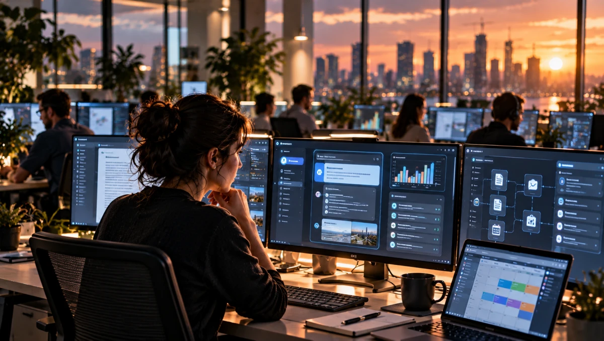 Employees work in a modern office where AI-assisted dashboards, automated workflows and digital tools have become part of everyday work.