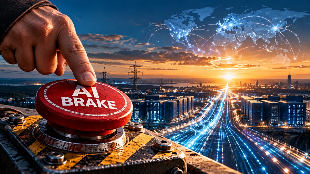 Large red AI BRAKE button overlooking data centers, power infrastructure and a city at sunset.