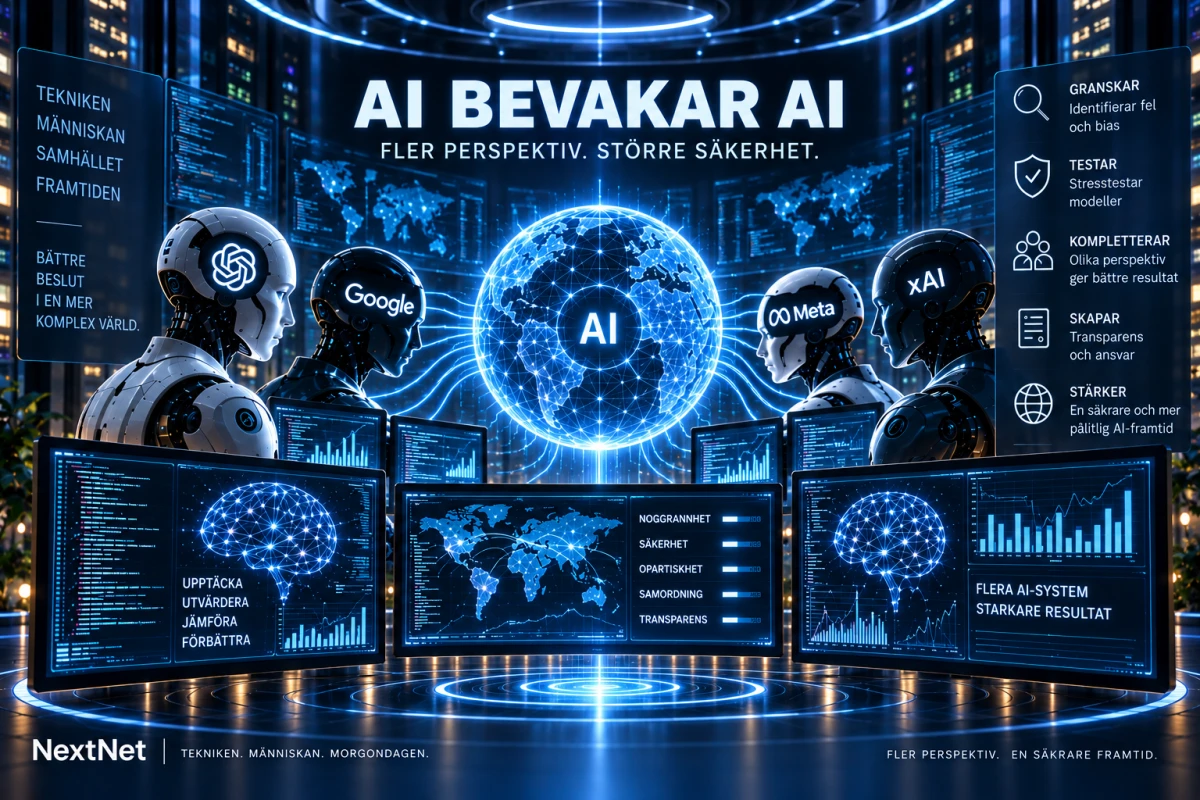Humanoida AI-symboler märkta OpenAI, Google, Meta och xAI omger ett gemensamt digitalt nätverk i en konceptuell övervakningsmiljö.
