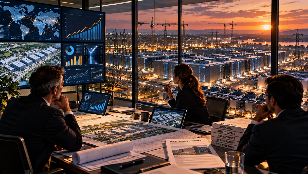 Executives review financial plans and infrastructure documents while overlooking a large data-centre complex and power infrastructure under construction.