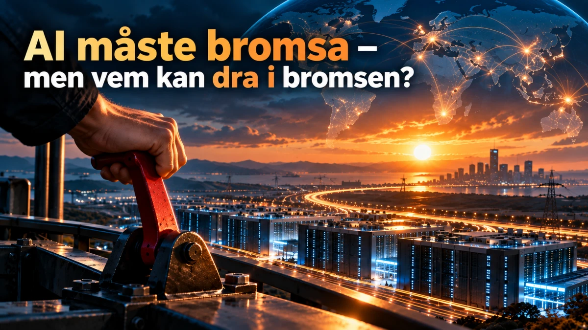 En hand drar i en röd bromsspak framför datacenter, elnät och ett globalt digitalt nätverk.