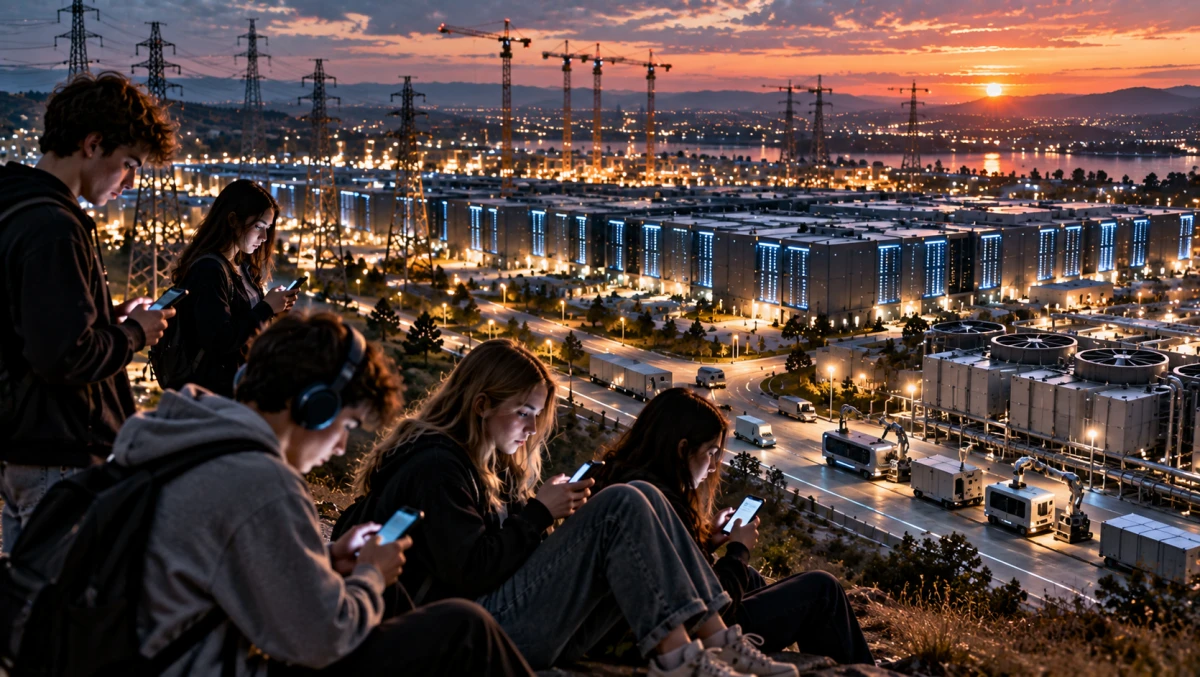 Young people look at their phones while a vast data-centre and automated infrastructure complex operates behind them.